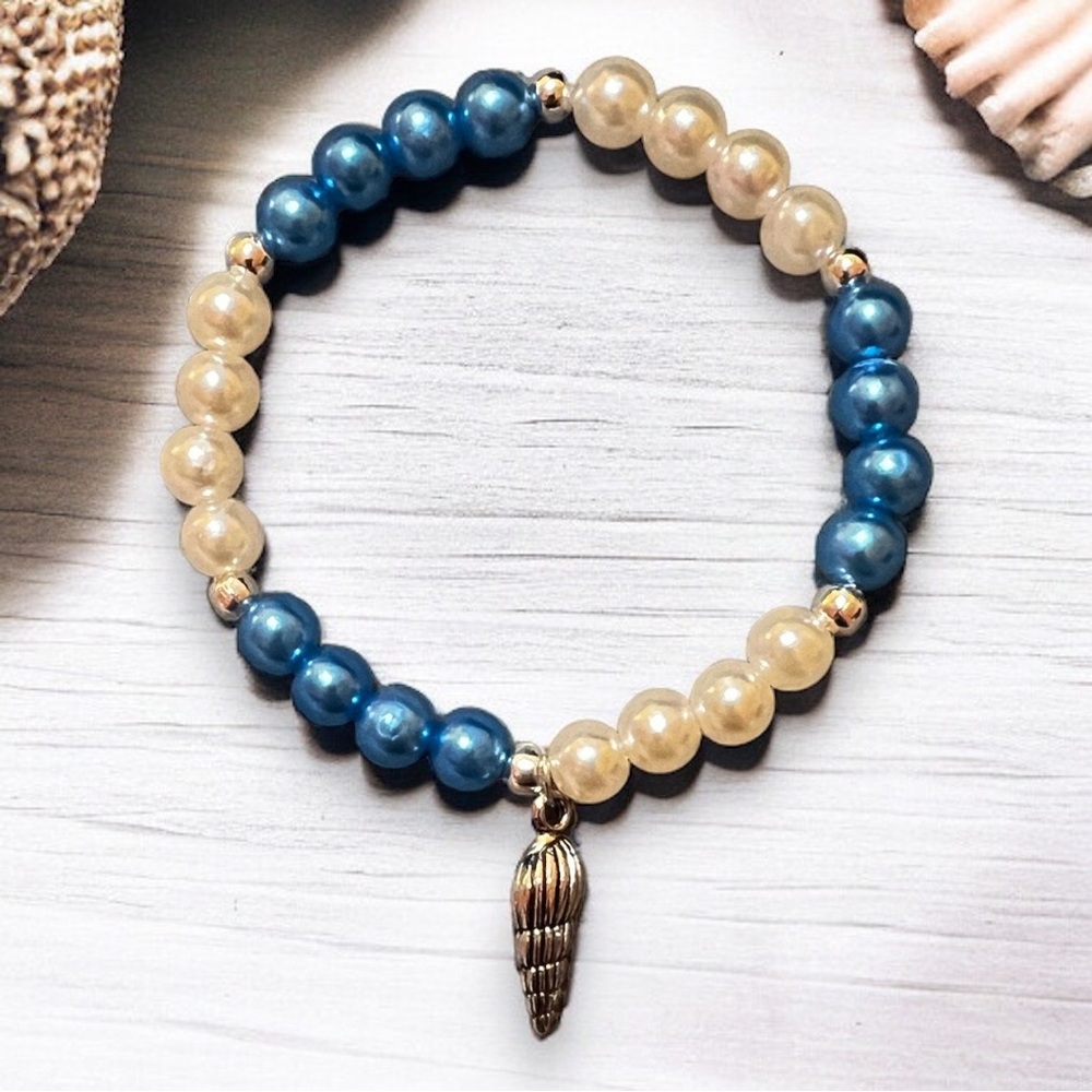 Custom Ivory and Azure Blue beaded Shell Charm Stretch Bracelet | Charity